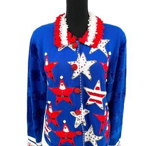 Jack B Quick Women Blue Christmas Santa Sweater Star‎ Beaded Embroidered Large